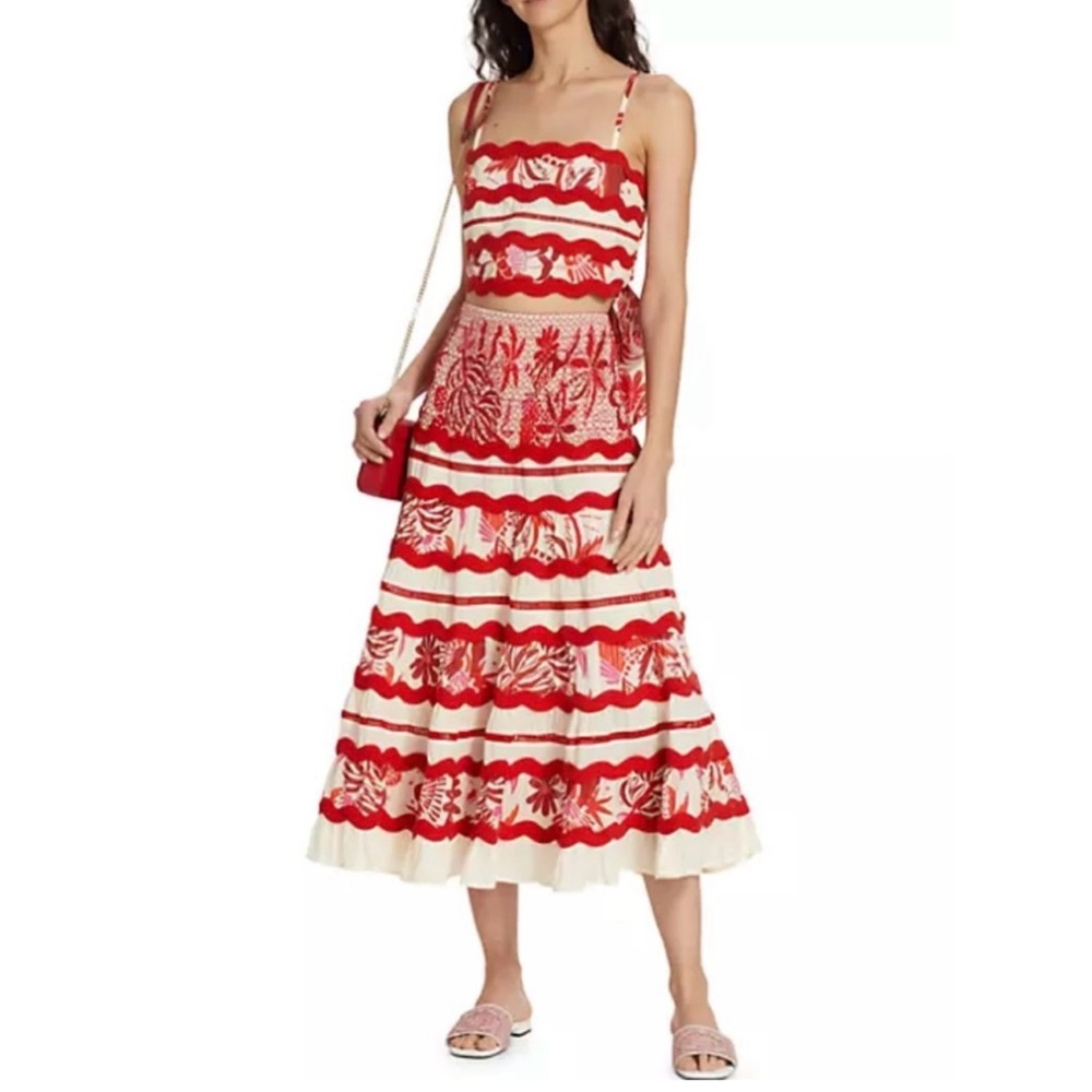 FARM Rio Tiles Wavy Tie Top & Skirt Stretch Tiered Ruffled Size XL